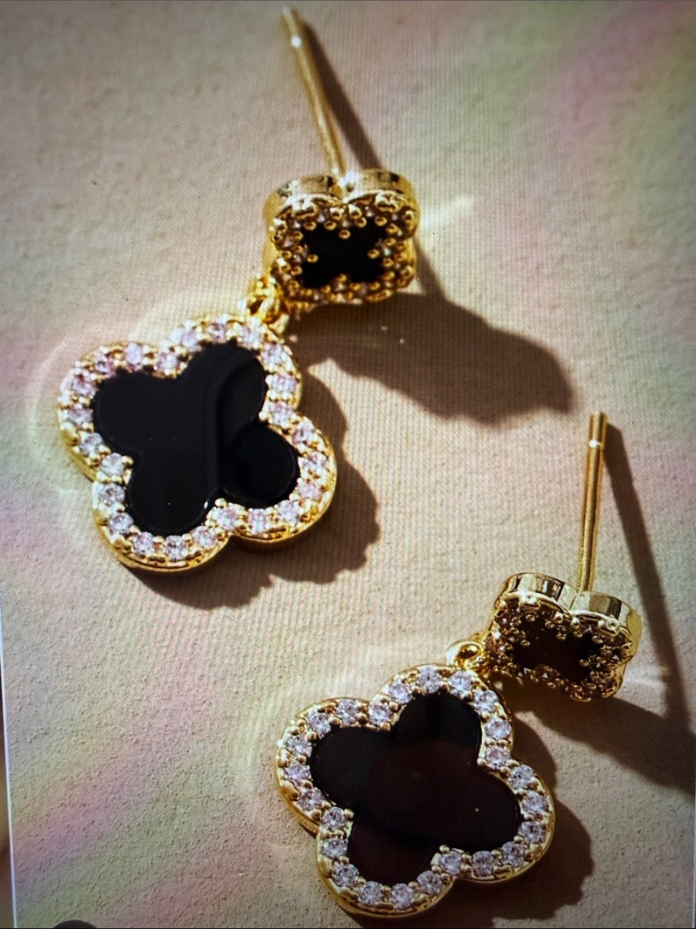 Anthropologie Gold Plated Black Clover Drop Earrings with Crystal Halo